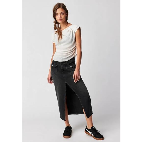 Free People Dresses & Skirts - Free People We The Free Madison Midi Denim Skirt Black Size‎ 24 NWOT